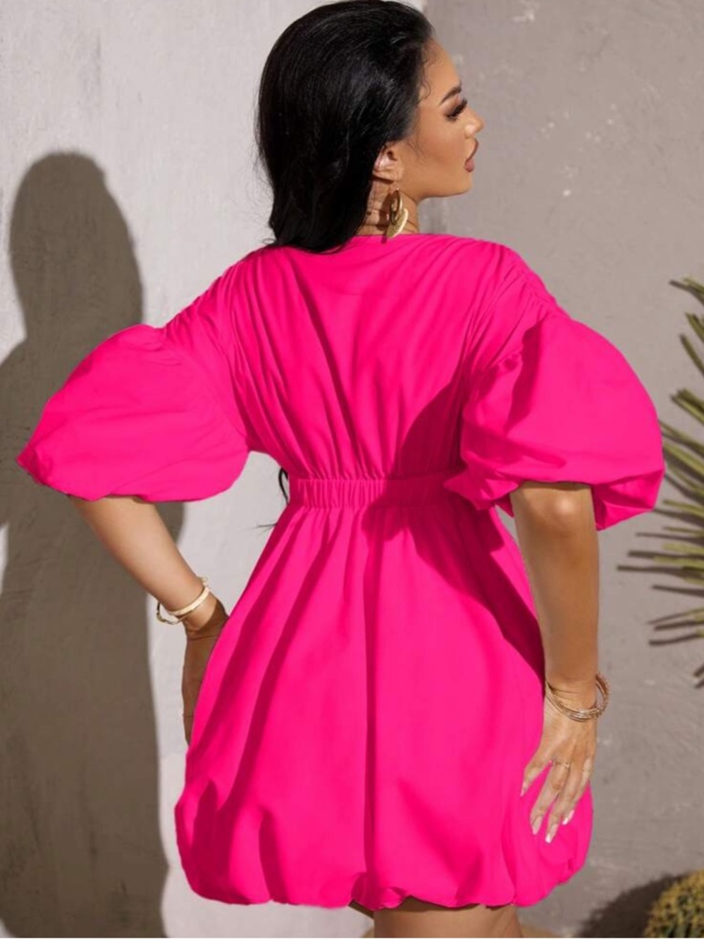 Hot Pink Puff Sleeve Deep V Mini Dress - S - Picture 4 of 5